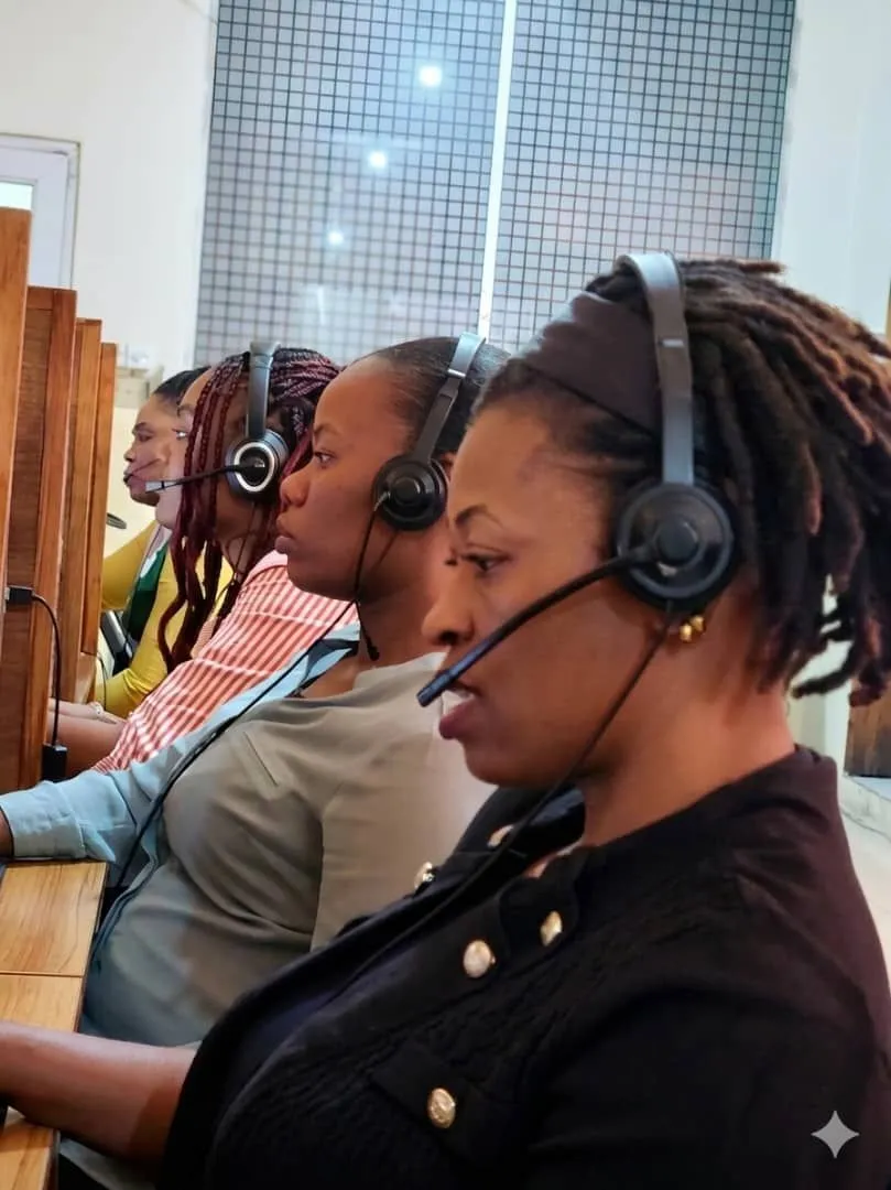 A diverse operations team collaborating in a modern call center